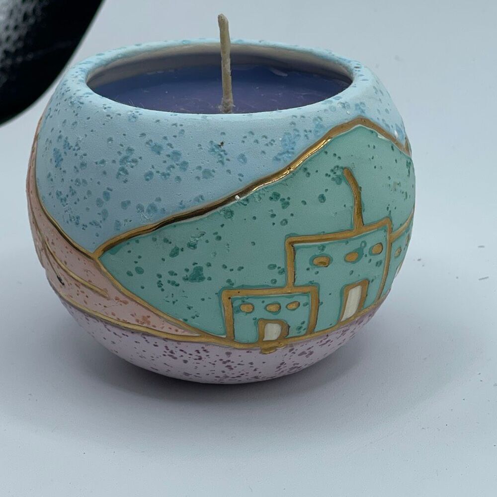 Handcrafted ceramic candle Southwestern landscape theme 22K gold accents